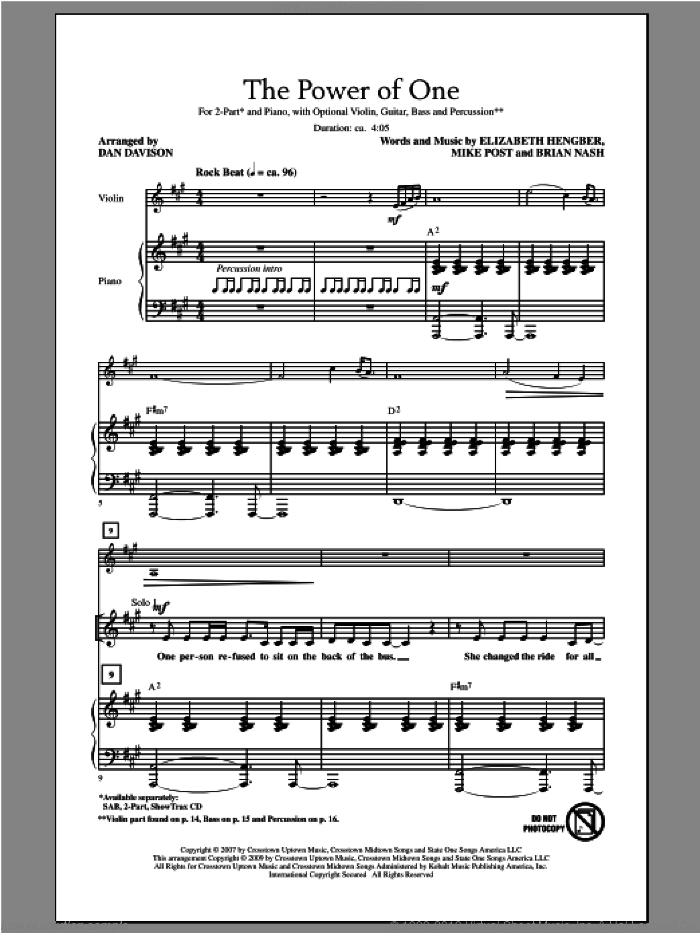 The Power Of One sheet music for choir (2-Part) by Dan Davison, intermediate duet