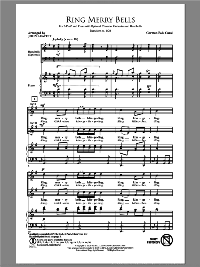 Ring Merry Bells sheet music for choir (2-Part) by John Leavitt, intermediate duet