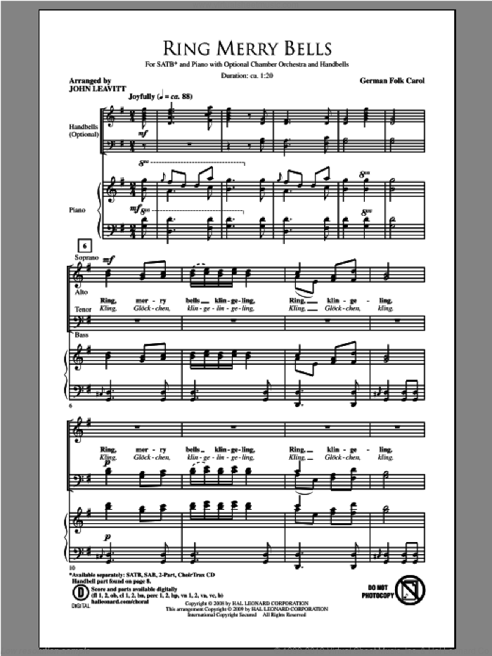Ring Merry Bells sheet music for choir (SATB: soprano, alto, tenor, bass) by John Leavitt, intermediate skill level