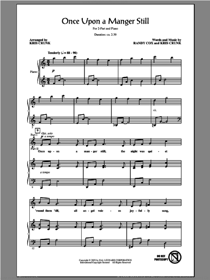 Once Upon A Manger Still sheet music for choir (2-Part) by Randy Cox and Kris Crunk, intermediate duet