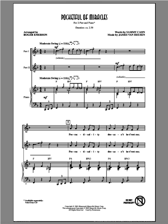 Pocketful Of Miracles sheet music for choir (2-Part) by Frank Sinatra and Roger Emerson, intermediate duet
