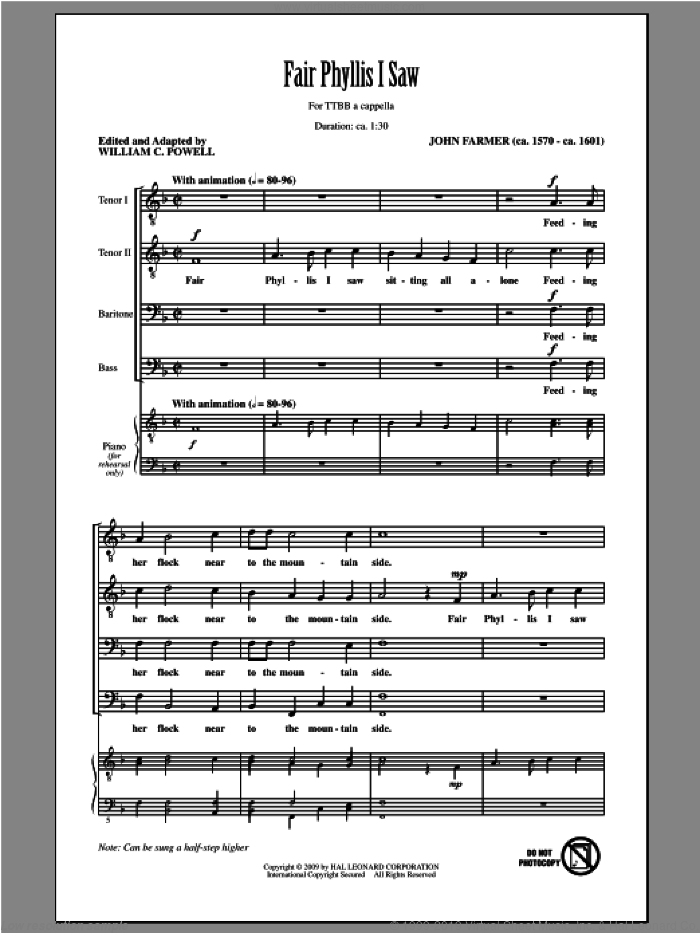 Fair Phyllis I Saw sheet music for choir (TTBB: tenor, bass) by John Farmer and William C. Powell, intermediate skill level