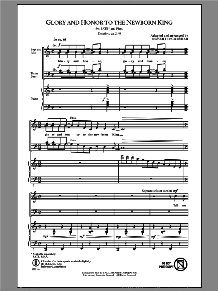 Glory and Honor To The Newborn King sheet music for choir (SATB: soprano, alto, tenor, bass) by Robert DeCormier, intermediate skill level