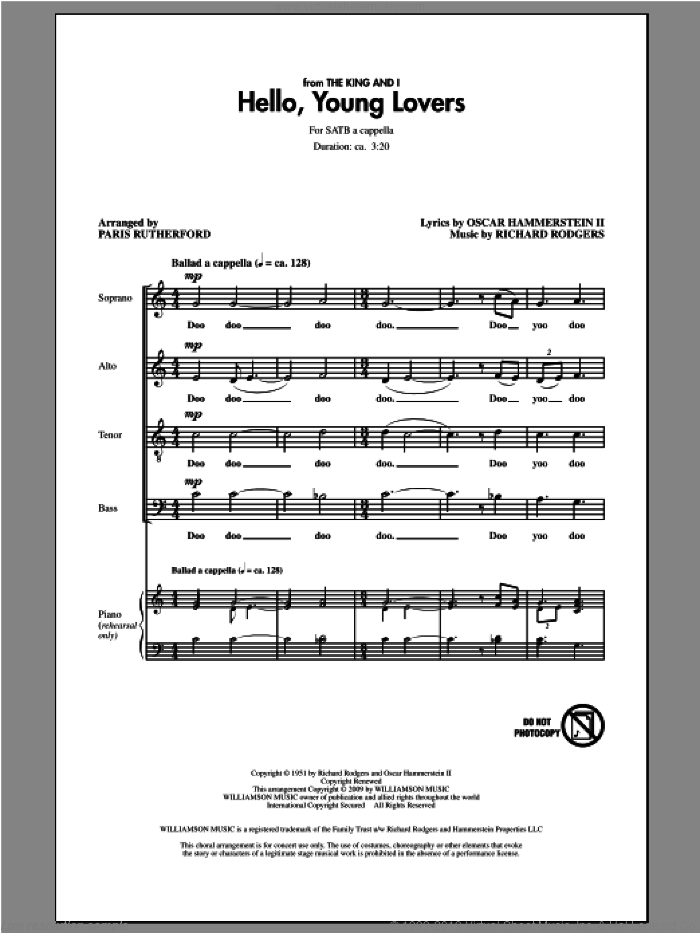Hello, Young Lovers sheet music for choir (SATB: soprano, alto, tenor, bass) by Rodgers & Hammerstein and Paris Rutherford, intermediate skill level