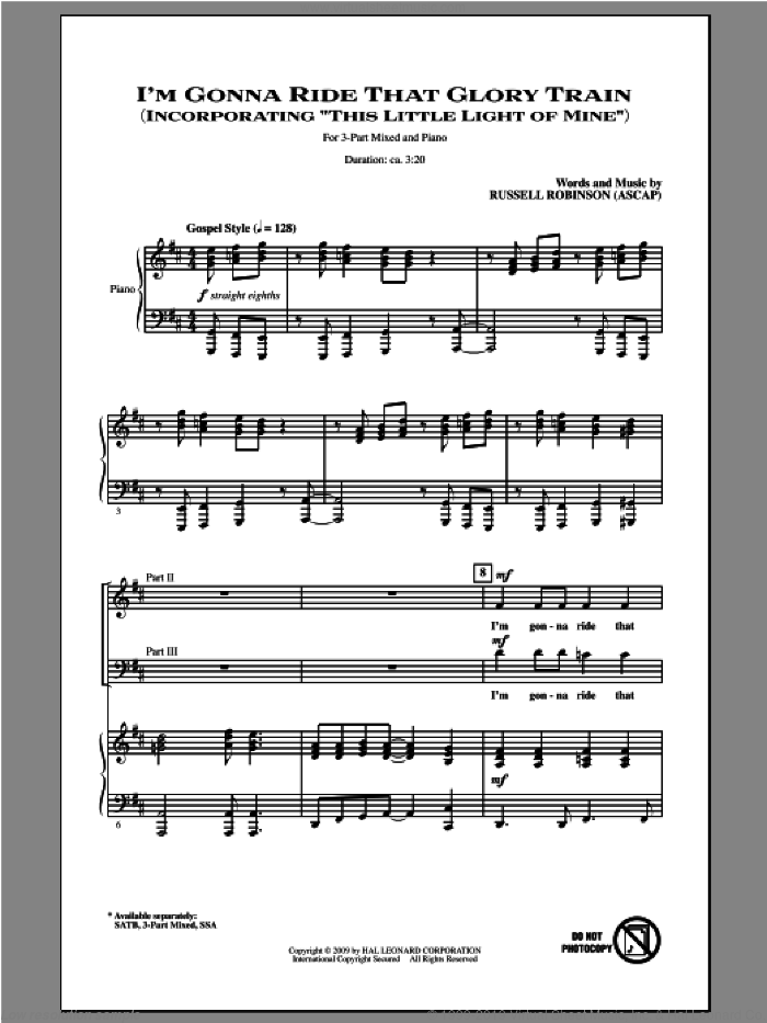 I'm Gonna Ride That Glory Train sheet music for choir (3-Part Mixed) by Russell Robinson, intermediate skill level