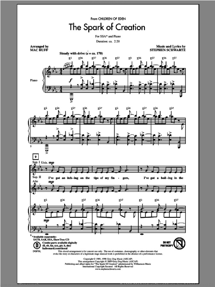 The Spark Of Creation (from Children of Eden) sheet music for choir (SSA: soprano, alto) by Stephen Schwartz and Mac Huff, intermediate skill level