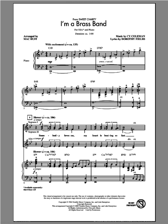 I'm A Brass Band (from Sweet Charity) sheet music for choir (SSA: soprano, alto) by Cy Coleman and Mac Huff, intermediate skill level