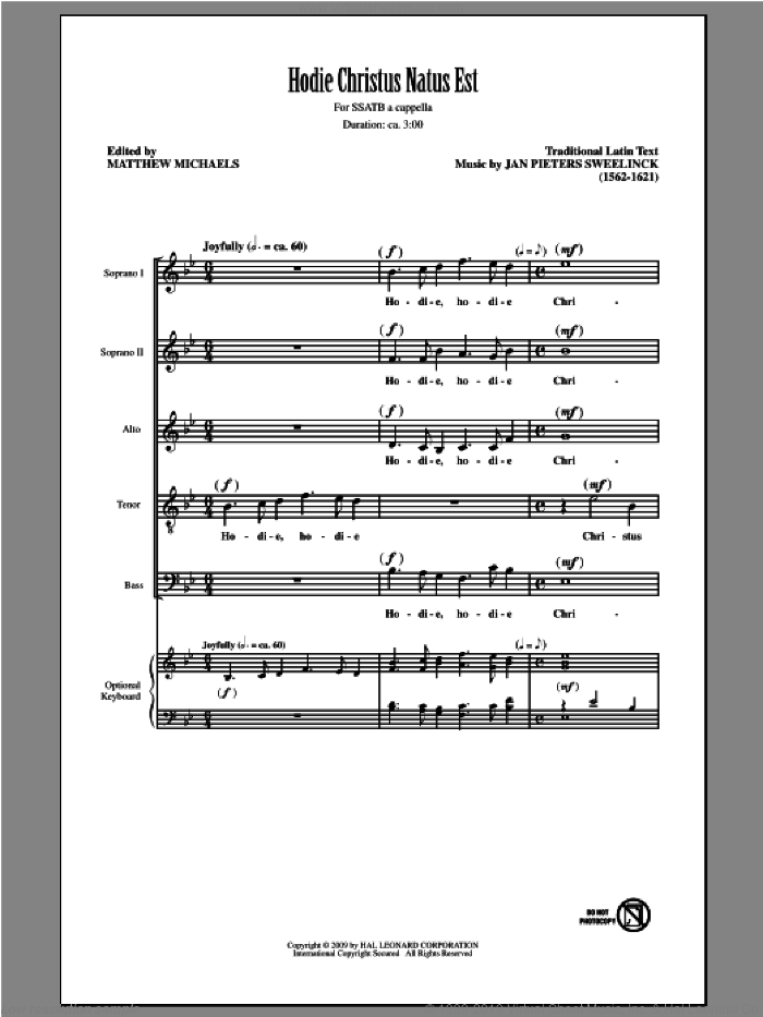 Hodie Christus Natus Est sheet music for choir (SATB: soprano, alto, tenor, bass) by Matthew Michaels and Jan Pieter Sweelinck, classical score, intermediate skill level