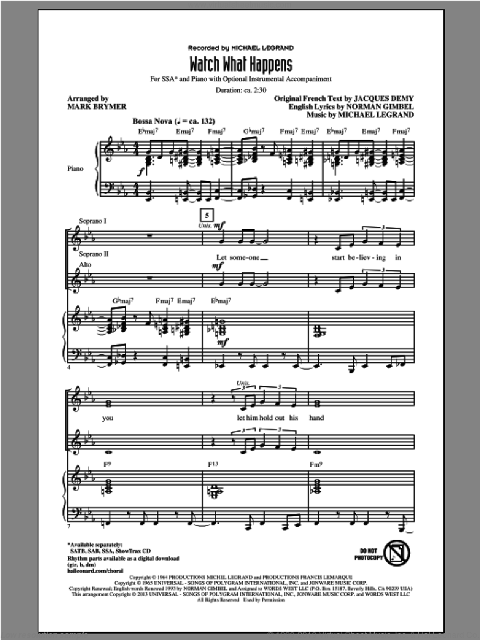 Watch What Happens sheet music for choir (SSA: soprano, alto) by Mark Brymer and Michael Legrand, intermediate skill level