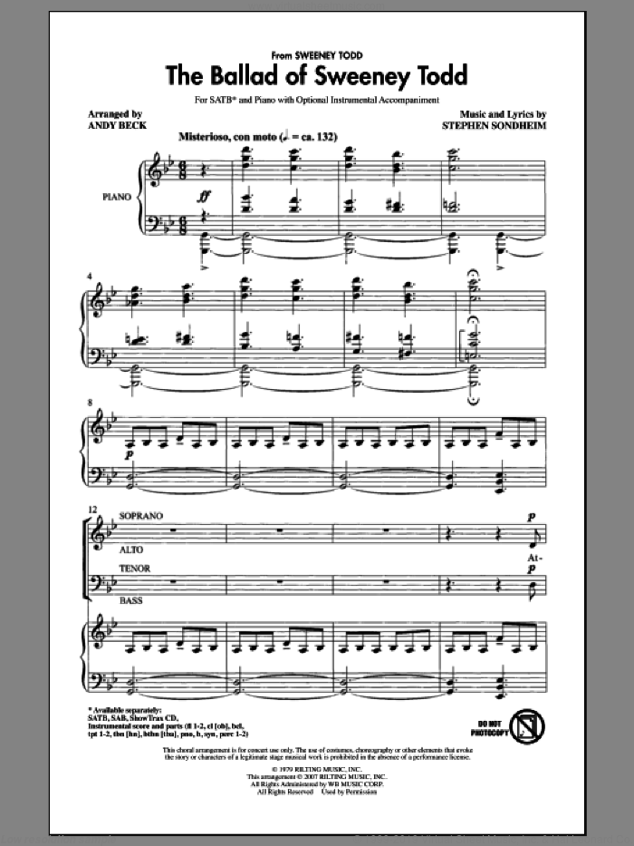 The Ballad Of Sweeney Todd sheet music for choir (SATB: soprano, alto, tenor, bass) by Stephen Sondheim and Andy Beck, intermediate skill level