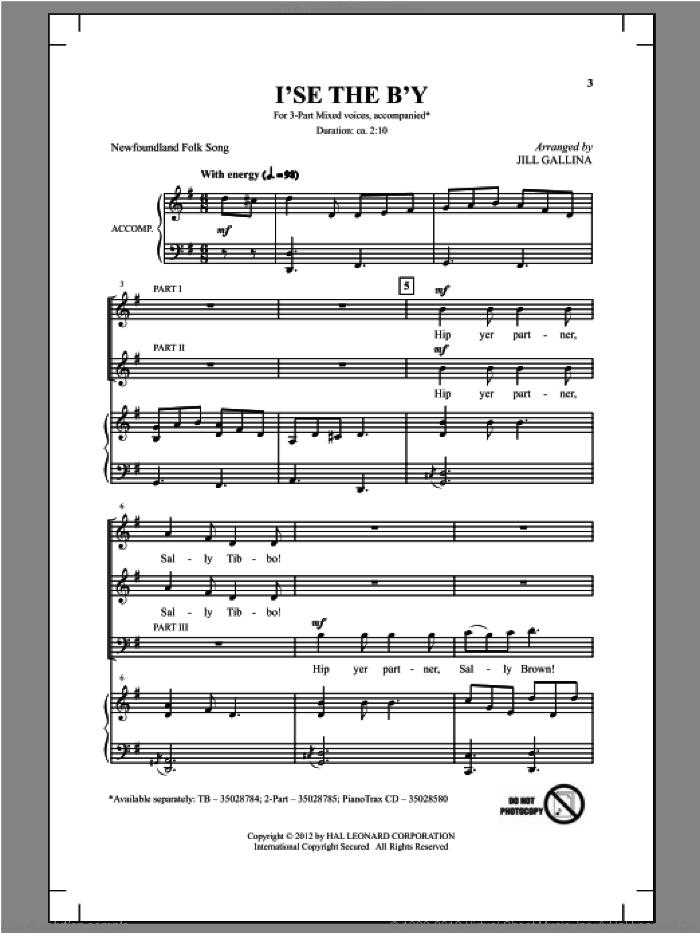 I'se The B'y sheet music for choir (3-Part Mixed) by Jill Gallina, intermediate skill level