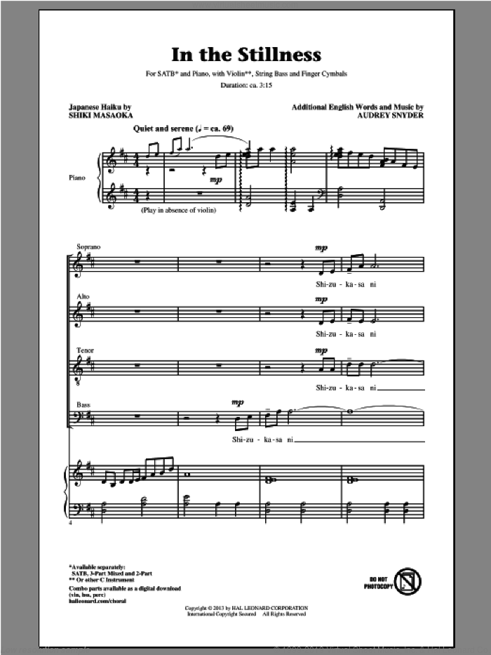 In The Stillness sheet music for choir (SATB: soprano, alto, tenor, bass) by Audrey Snyder, intermediate skill level