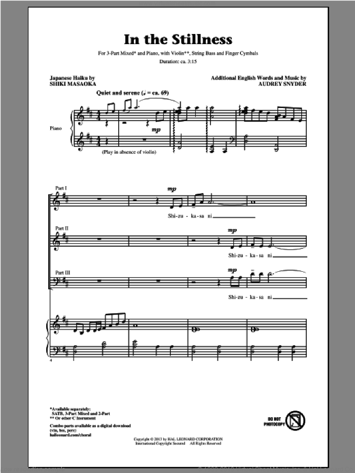 In The Stillness sheet music for choir (3-Part Mixed) by Audrey Snyder, intermediate skill level