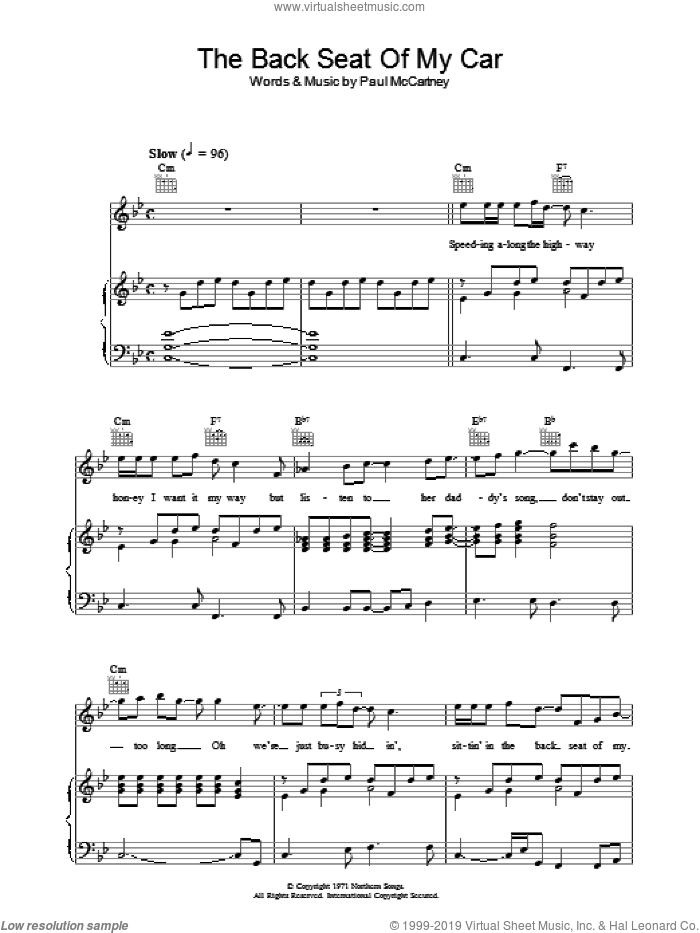 The Back Seat Of My Car sheet music for voice, piano or guitar by Paul McCartney, intermediate skill level