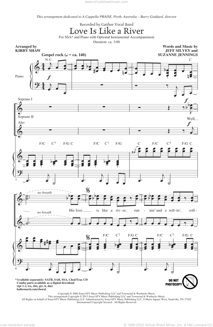 Love Is Like A River sheet music for choir (SSA: soprano, alto) by Kirby Shaw, intermediate skill level