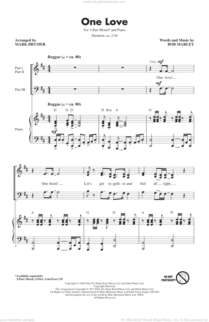 One Love (arr. Mark Brymer) sheet music for choir (3-Part Mixed) by Mark Brymer and Bob Marley, intermediate skill level