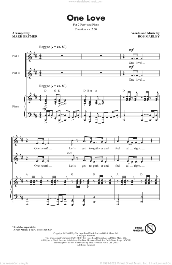 One Love (arr. Mark Brymer) sheet music for choir (2-Part) by Mark Brymer and Bob Marley, intermediate duet