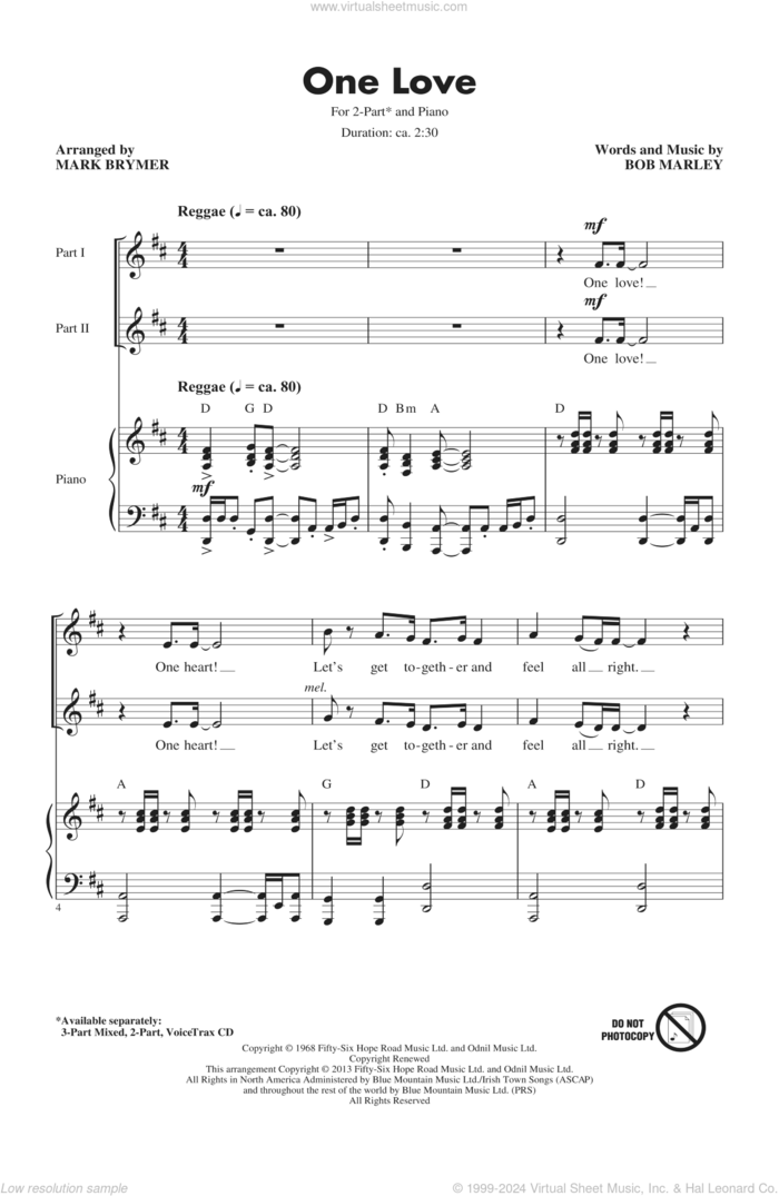 One Love (arr. Mark Brymer) sheet music for choir (2-Part) by Mark Brymer and Bob Marley, intermediate duet