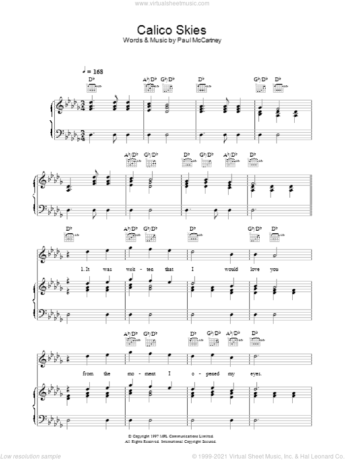 Calico Skies sheet music for voice, piano or guitar by Paul McCartney, intermediate skill level