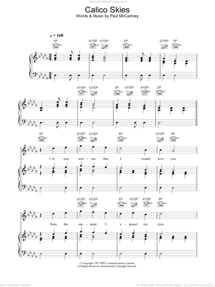 Calico Skies sheet music for voice, piano or guitar by Paul McCartney, intermediate skill level