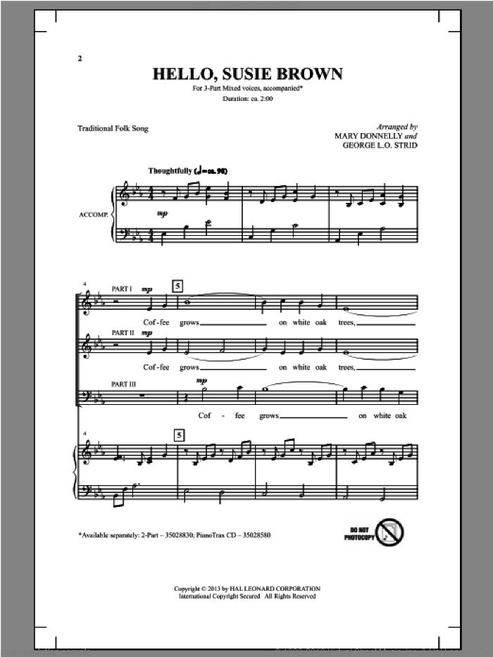 Hello, Susie Brown sheet music for choir (3-Part Mixed) by Mary Donnelly and George L.O. Strid, intermediate skill level