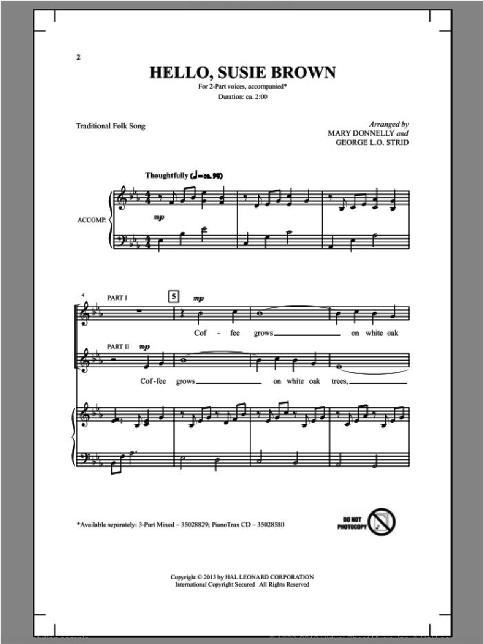 Hello, Susie Brown sheet music for choir (2-Part) by Mary Donnelly and George L.O. Strid, intermediate duet
