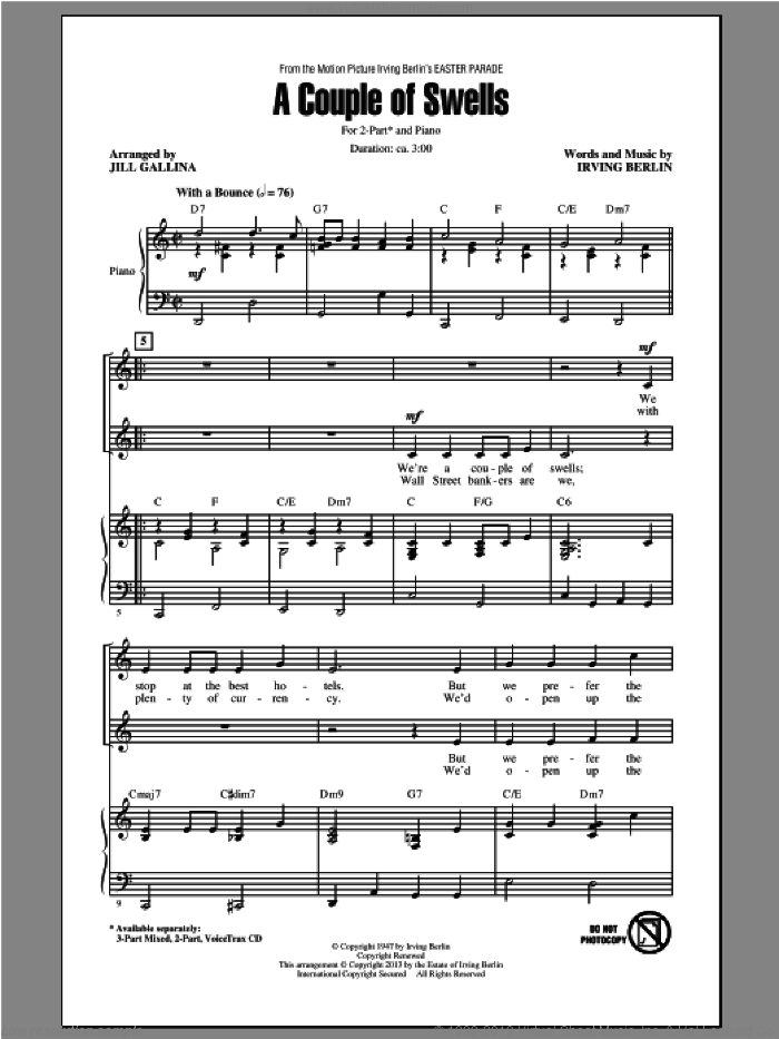A Couple Of Swells (arr. Jill Gallina) sheet music for choir (2-Part) by Irving Berlin and Jill Gallina, intermediate duet