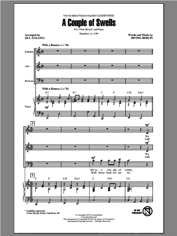 A Couple Of Swells sheet music for choir (3-Part Mixed) by Irving Berlin and Jill Gallina, intermediate skill level