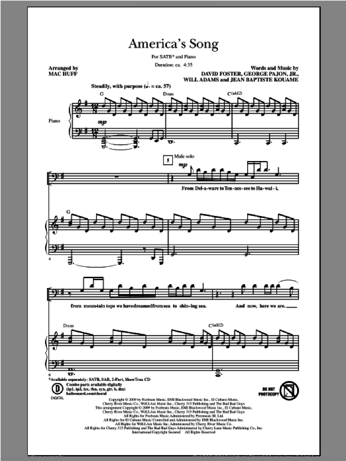 America's Song sheet music for choir (SAB: soprano, alto, bass) by Mac Huff, intermediate skill level