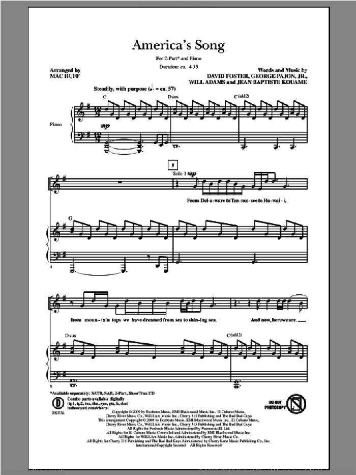 America's Song sheet music for choir (2-Part) by Mac Huff, intermediate duet