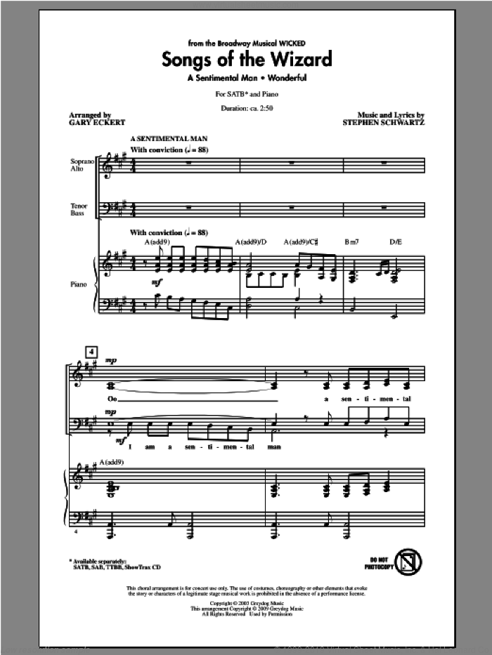Songs of the Wizard (from Wicked) sheet music for choir (SATB: soprano, alto, tenor, bass) by Stephen Schwartz and Gary Eckert, intermediate skill level
