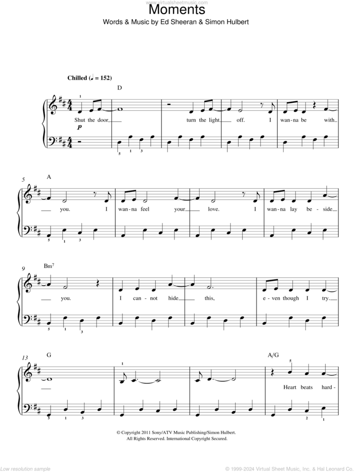 Moments sheet music for piano solo by One Direction, Ed Sheeran and Simon Hulbert, easy skill level