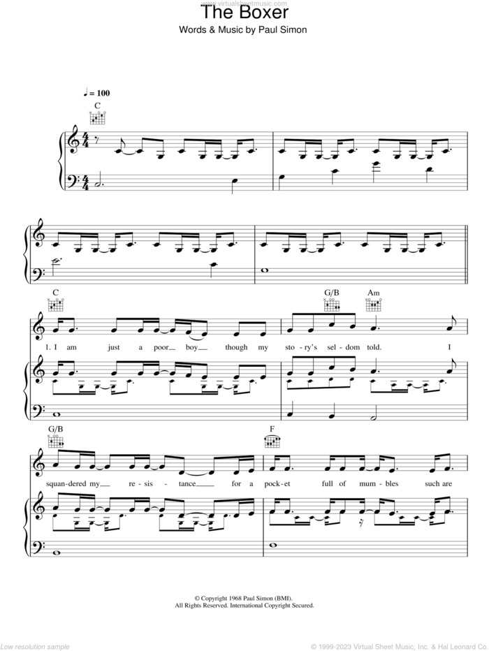 The Boxer sheet music for voice, piano or guitar by Mumford & Sons and Paul Simon, intermediate skill level