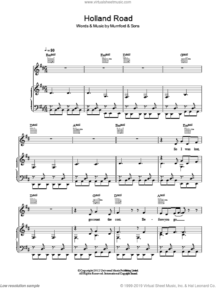 Holland Road sheet music for voice, piano or guitar by Mumford & Sons, intermediate skill level