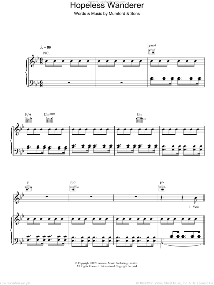 Hopeless Wanderer sheet music for voice, piano or guitar by Mumford & Sons, intermediate skill level