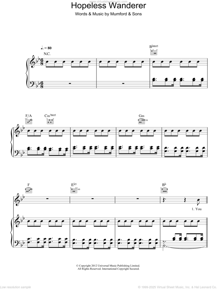 Hopeless Wanderer sheet music for voice, piano or guitar by Mumford & Sons, intermediate skill level