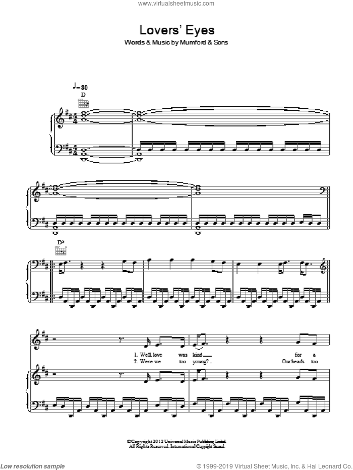 Lovers' Eyes sheet music for voice, piano or guitar by Mumford & Sons, intermediate skill level