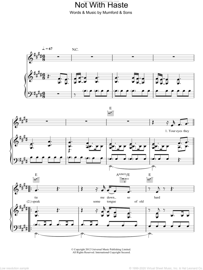 Not With Haste sheet music for voice, piano or guitar by Mumford & Sons, intermediate skill level