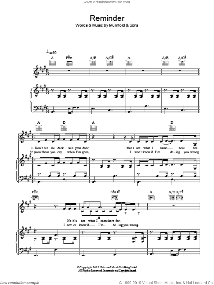 Reminder sheet music for voice, piano or guitar by Mumford & Sons, intermediate skill level