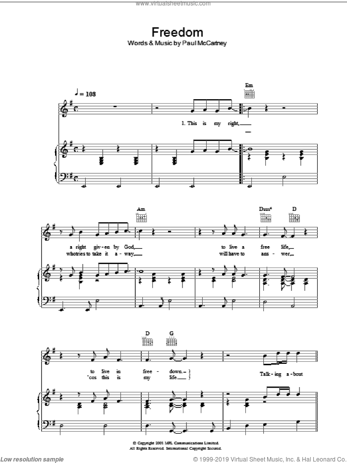 Freedom sheet music for voice, piano or guitar by Paul McCartney, intermediate skill level