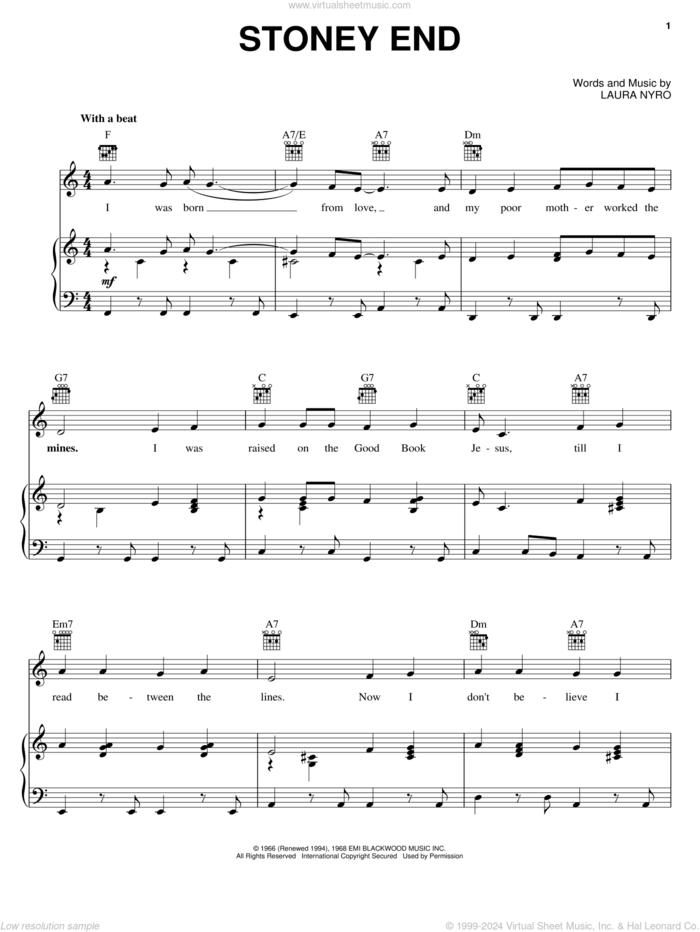 Stoney End sheet music for voice, piano or guitar by Barbra Streisand and Laura Nyro, intermediate skill level