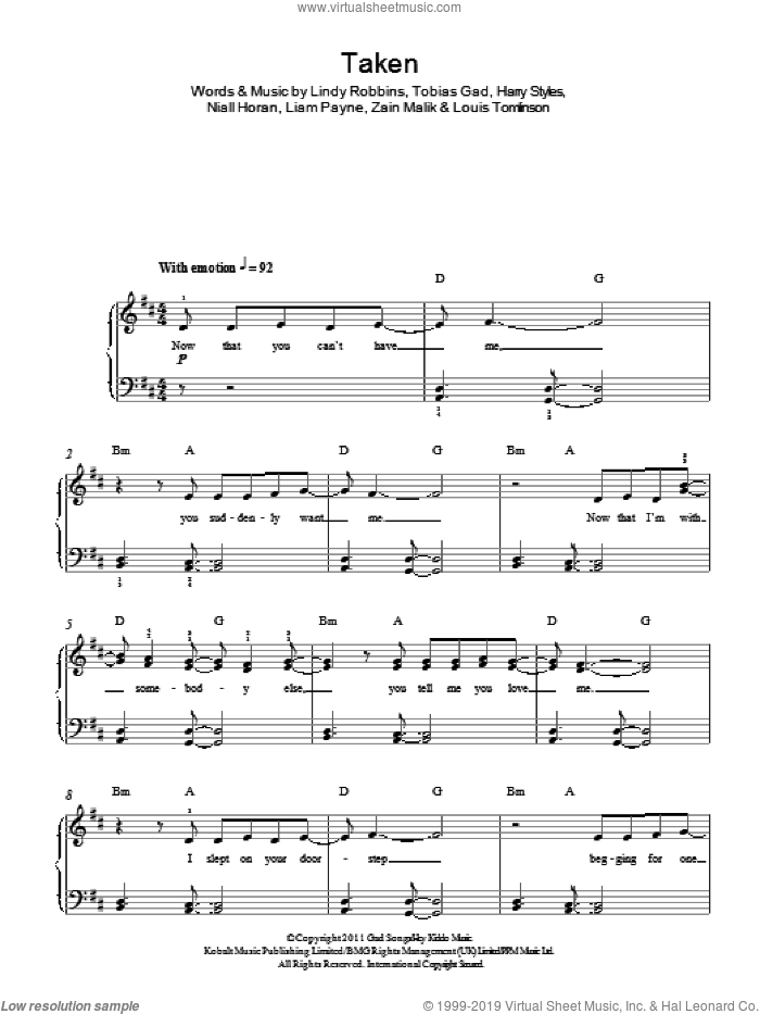 Taken sheet music for piano solo by One Direction, Harry Styles, Liam Payne, Lindy Robbins, Louis Tomlinson, Niall Horan, Toby Gad and Zain Malik, easy skill level