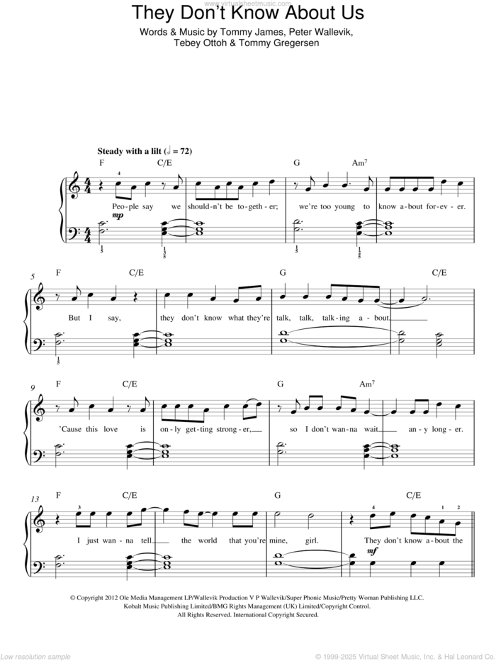 They Don't Know About Us sheet music for piano solo by One Direction, Peter Wallevik, Tebey Ottoh, Tommy Gregersen and Tommy James, easy skill level