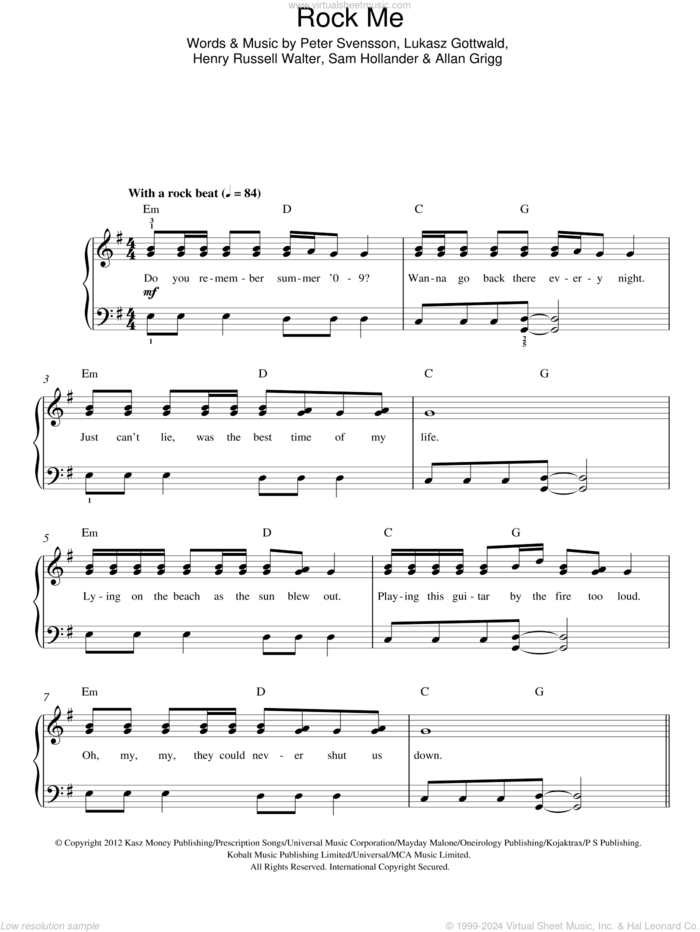 Rock Me, (easy) sheet music for piano solo by One Direction, Allan Grigg, Henry Russell Walter, Lukasz Gottwald, Peter Svensson and Sam Hollander, easy skill level