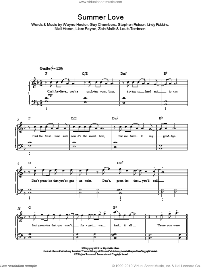 Summer Love sheet music for piano solo by One Direction, Guy Chambers, Liam Payne, Lindy Robbins, Louis Tomlinson, Niall Horan, Steve Robson, Wayne Hector and Zain Malik, easy skill level