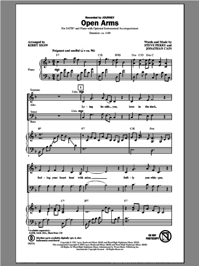Open Arms sheet music for choir (SATB: soprano, alto, tenor, bass) by Kirby Shaw and Journey, intermediate skill level