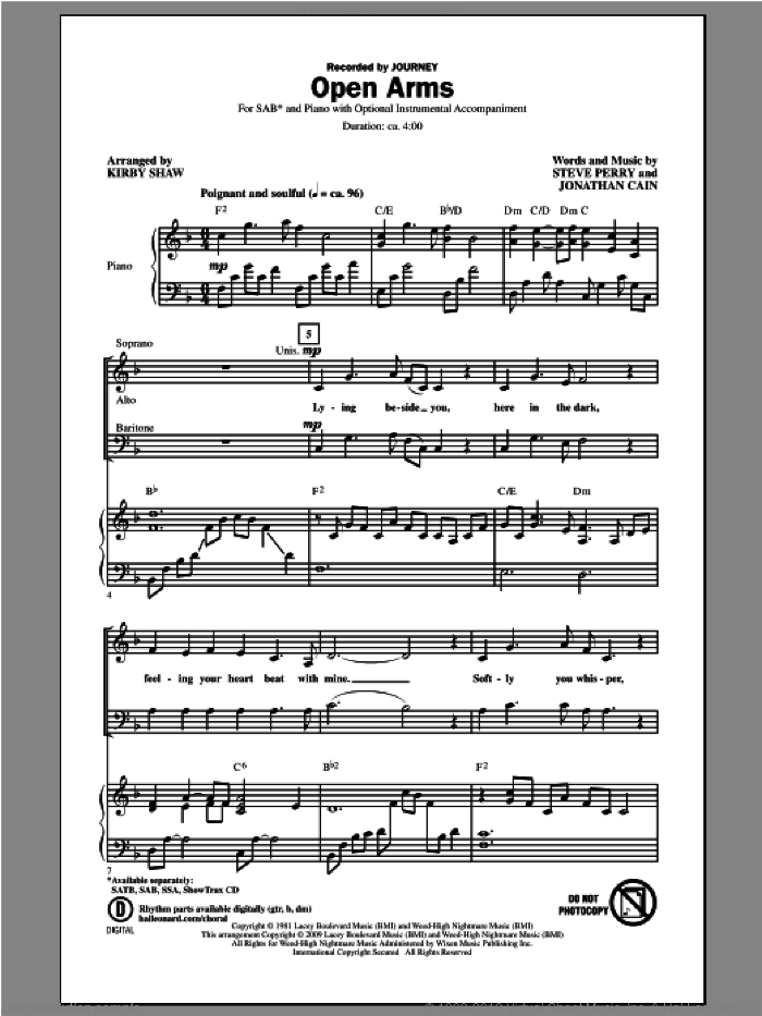 Open Arms sheet music for choir (SAB: soprano, alto, bass) by Kirby Shaw and Journey, intermediate skill level