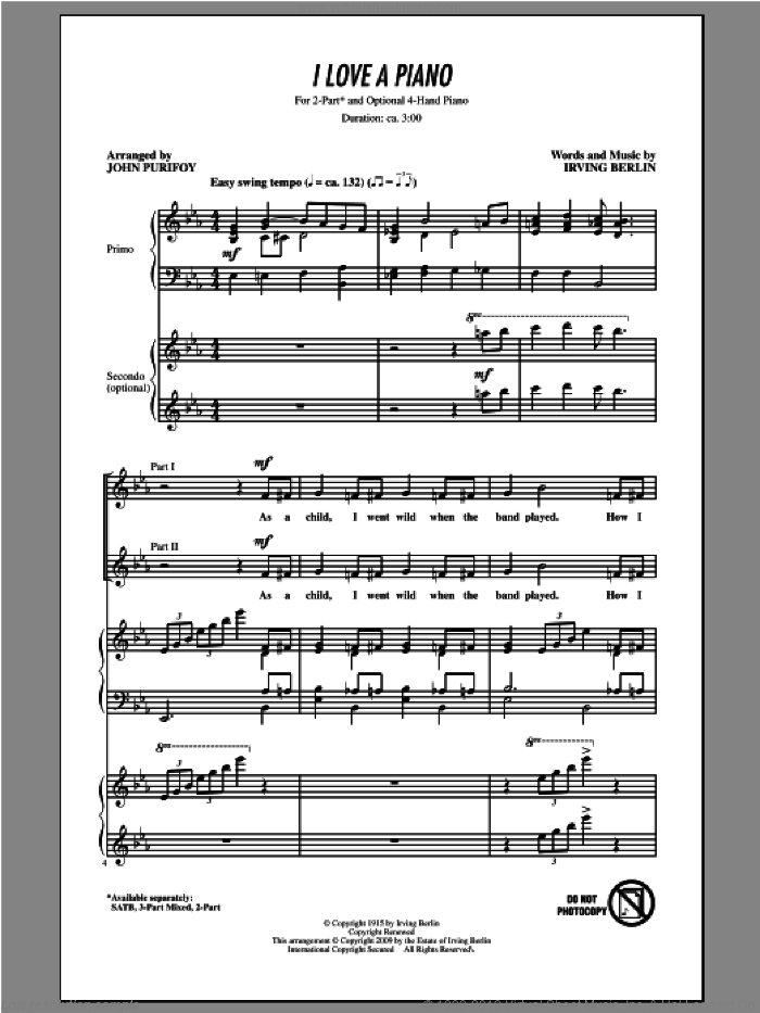 I Love A Piano sheet music for choir (2-Part) by Irving Berlin and John Purifoy, intermediate duet