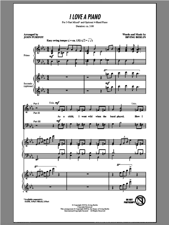 I Love A Piano sheet music for choir (3-Part Mixed) by Irving Berlin and John Purifoy, intermediate skill level