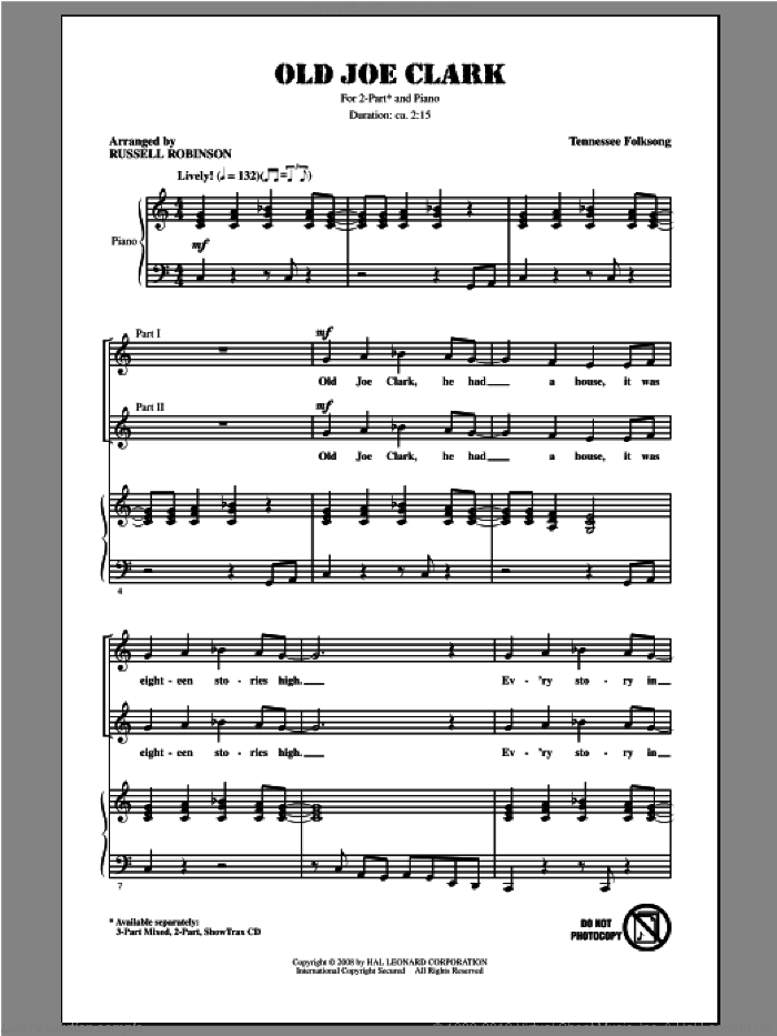 Old Joe Clark sheet music for choir (2-Part) by Russell Robinson, intermediate duet